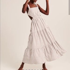 Abercrombie & Fitch Linen Blend Cutout Maxi Dress Striped White Taupe Apron XLT